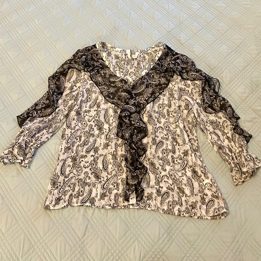 CATO Sheer Blouse with Flowy Waterfall Ruffles, Size Medium, EUC